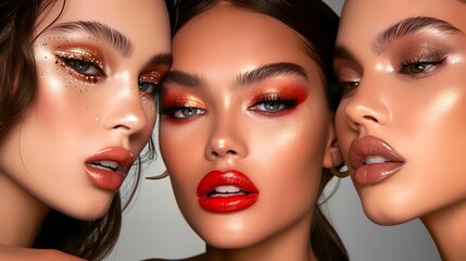 Showcase of Glamorous Makeup Featuring Captivating Beauty Looks with Bold Lips Smokey Eyes and Defined Brows description This visually striking image