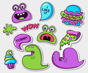 monster party comic style color patches, stickers and pins