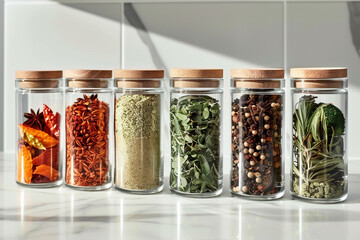 Spice jars lineup kitchen essentials in wide view 