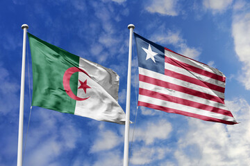 3d illustration. Algeria and Liberia Flag waving in sky. High detailed waving flag. 3D render. Waving in sky. Flags fluttered in the cloudy sky.