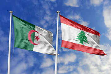 3d illustration. Algeria and Lebanon Flag waving in sky. High detailed waving flag. 3D render. Waving in sky. Flags fluttered in the cloudy sky.