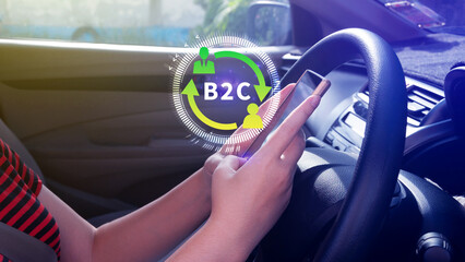 B2C, Business to customer marketing strategy concept, use smartphone with virtual B2C icon for...