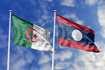 3d illustration. Algeria and Laos Flag waving in sky. High detailed waving flag. 3D render. Waving in sky. Flags fluttered in the cloudy sky.