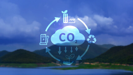CO2 reducing icon with circular for decrease CO2 , carbon footprint and carbon credit to limit...