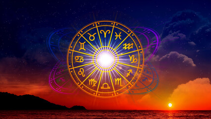 Concept of astrology and horoscope, person inside zodiac sign wheel, Astrological zodiac signs...