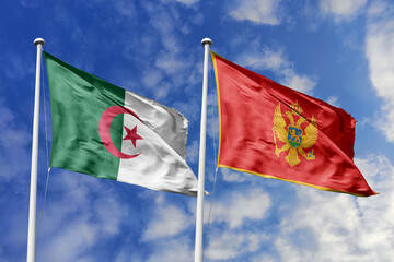 3d illustration. Algeria and Montenegro Flag waving in sky. High detailed waving flag. 3D render. Waving in sky. Flags fluttered in the cloudy sky.
