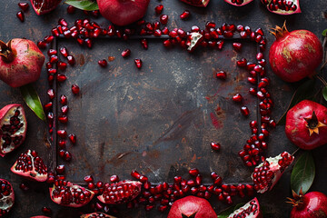 Square frame of pomegranate seeds jeweled fruit close up