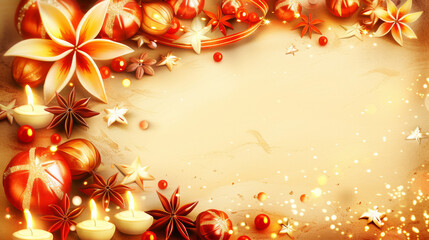 A Christmas card with a yellow background and a red border. The border is decorated with red and orange flowers and stars