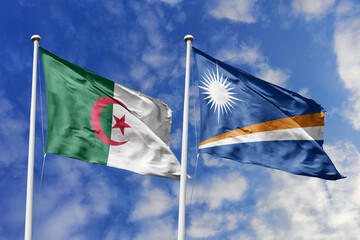 3d illustration. Algeria and Marshall Islands Flag waving in sky. High detailed waving flag. 3D render. Waving in sky. Flags fluttered in the cloudy sky.