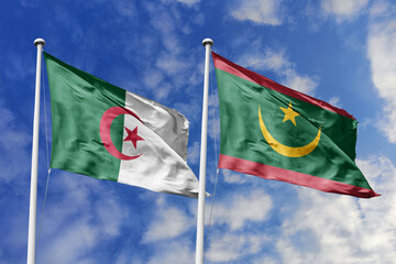 3d illustration. Algeria and Mauritania Flag waving in sky. High detailed waving flag. 3D render. Waving in sky. Flags fluttered in the cloudy sky.