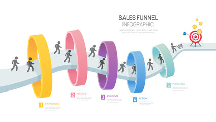 Infographic Sales funnel diagram template for business. Modern  Timeline 5 step level, digital marketing data, presentation vector infographics.