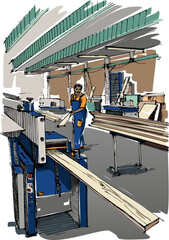 Carpentry workshop sketch - woodworking machines and a worker with a wooden billet. Small business concept. A hand-drawn drawing, not AI