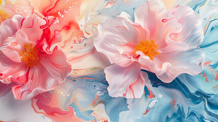 Fluid abstract expressionism, blooming flowers, Aesthetics colorful floral inspirational tenderness illustration, oil paint, Wall decoration photo, Generated AI.