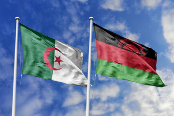 3d illustration. Algeria and Malawi Flag waving in sky. High detailed waving flag. 3D render. Waving in sky. Flags fluttered in the cloudy sky.