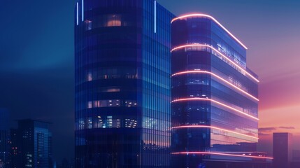 A modern office tower illuminated by dynamic LED lights, showcasing innovative architectural design and creating a striking visual landmark in the city skyline.