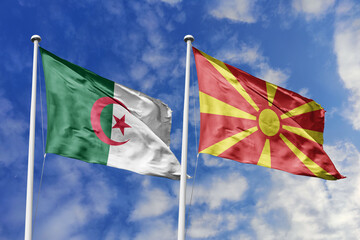 3d illustration. Algeria and North Macedonia Flag waving in sky. High detailed waving flag. 3D render. Waving in sky. Flags fluttered in the cloudy sky.