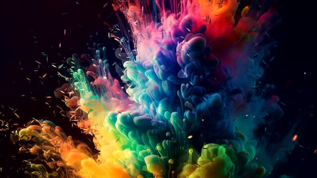 Colorful rainbow paint drops from above mixing in water. Ink swirling underwater. Cloud of silky ink isolated on black background. Colored abstract smoke explosion animation effect. Close up view.