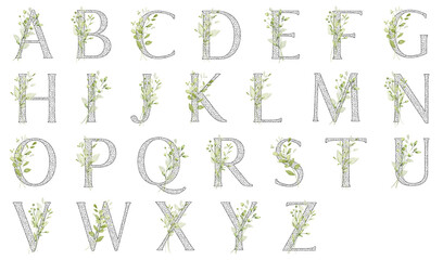 Fototapeta premium Floral alphabet, letters with watercolor leaves and leaf. Monogram initials perfectly for wedding invitations, greeting card, logo, poster and other. Holiday design hand painting.