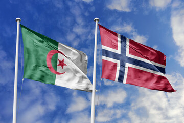 3d illustration. Algeria and Norway Flag waving in sky. High detailed waving flag. 3D render. Waving in sky. Flags fluttered in the cloudy sky.