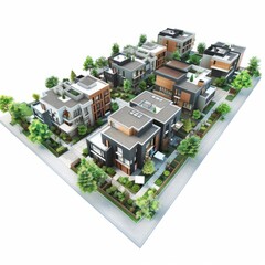 3D Render of an urban infill project with modern townhomes and green spaces, on isolated white background, Generative AI