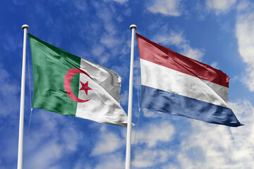 3d illustration. Algeria and Netherlands Flag waving in sky. High detailed waving flag. 3D render. Waving in sky. Flags fluttered in the cloudy sky.