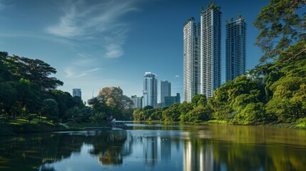 A panoramic shot of a modern skyscraper on the riverbank, framed by verdant trees and a shimmering waterway, epitomizing urban elegance.