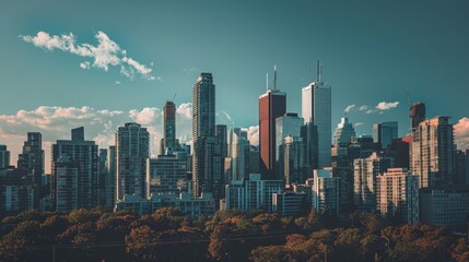 A panoramic view of a city skyline with iconic skyscrapers standing tall against the horizon