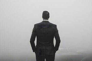Monochrome image of man in suit facing foggy sky with hands in pockets. Concept Monochrome Photography, Formal Attire, Foggy Sky, Hands in Pockets, Mysterious Atmosphere