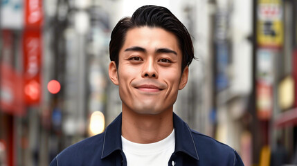 Fototapeta premium A man of half Japanese and British descent with a mustache is smiling. The image has a mood of happiness and positivity. A 30-year-old businessman smiling wearing a white T-shirt and navy jacket