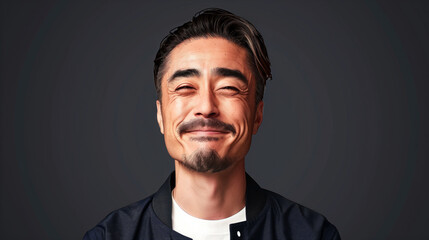 A man of half Japanese and British descent with a mustache is smiling. The image has a mood of happiness and positivity. A 30-year-old businessman smiling wearing a white T-shirt and navy jacket