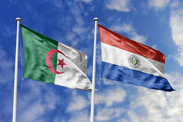 3d illustration. Algeria and Paraguay Flag waving in sky. High detailed waving flag. 3D render. Waving in sky. Flags fluttered in the cloudy sky.