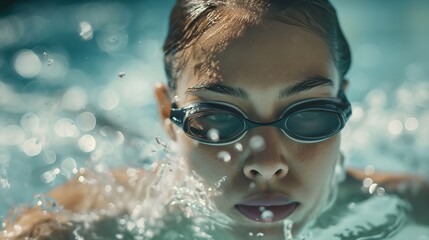A close-up glimpse into the world of a young female swimmer, her confident gaze and strong spirit behind the lenses of her swimming goggles. motivation and professionalism in the field of water sports