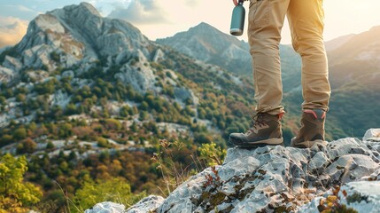 Side view, Close up legs of young asian hiking man standing, camera on kneck and holding water drink bottle with happy on peak of rocky mountain, beautiful landscape in background, copy space - Powered by Adobe