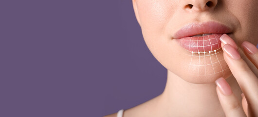 Beautiful young woman with marking on face against lilac background with space for text, closeup....
