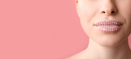 Beautiful young woman with marking on lips against pink background with space for text, closeup. Cosmetology concept
