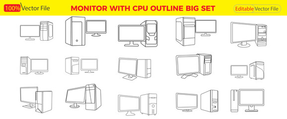  Computer Icon with Monitor and CPU. Computer set icon. Motherboard, monitor, system unit, desktop, screen, processor, cpu, work place, laptop, pc working, office. Vector icon in line, 
