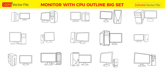  Desktop Pack Vector PC Icon Including Monitor CPU Mouse and Keyboard Liner Art All Black and White. Monitor with cpu Company. Technology.  Business Monitor CPU icon of computer component.