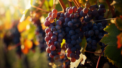Ripe grape bunches hang in vineyard autumn harvest, AI Generative.