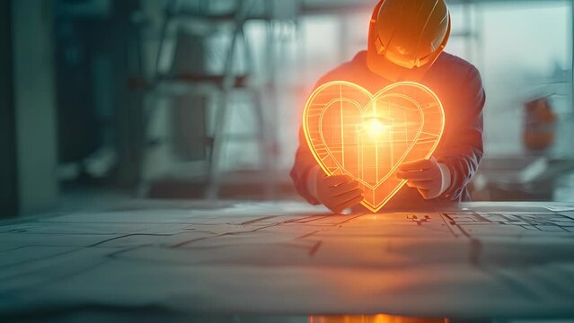A man is holding a heart-shaped object that is lit up. The scene is set in a construction site, and the man is wearing a hard hat. The heart-shaped object could be a symbol of love or affection