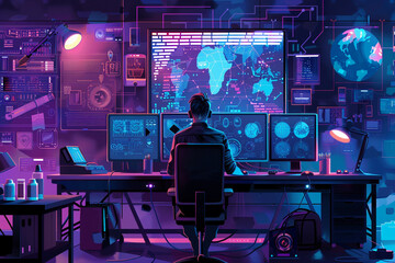 Stylized vector scene of a virtual influencer's studio, filled with advanced tech for creating generative art, featuring an avatar artist at work - obrazy, fototapety, plakaty