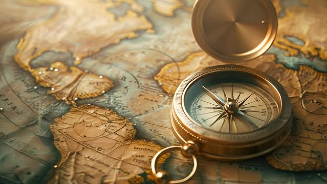 A compass is on a map of the world. The compass is pointing to the right. The map is old and has a vintage look