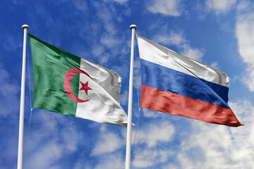 3d illustration. Algeria and Russia Flag waving in sky. High detailed waving flag. 3D render. Waving in sky. Flags fluttered in the cloudy sky.