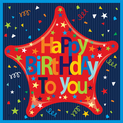 Birthday card design with colorful lettering and stars