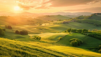 Fototapeta premium A picturesque countryside sunrise illuminating rolling hills and farmland, evoking a sense of rural serenity