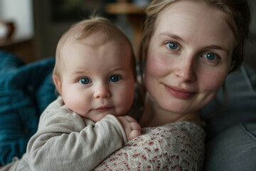 Smile, relax and portrait of mom with baby on sofa for love, protection and connection on Mothers Day. Home, support and woman with infant in living room for security, trust and growth in motherhood