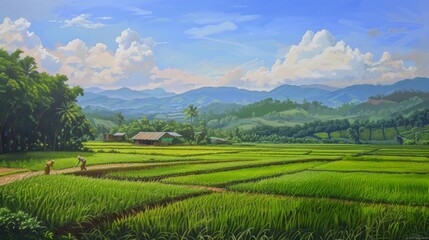 A picturesque rural landscape adorned with vibrant green rice fields, where farmers toil under the vast expanse of the open sky, sowing the seeds of sustenance.