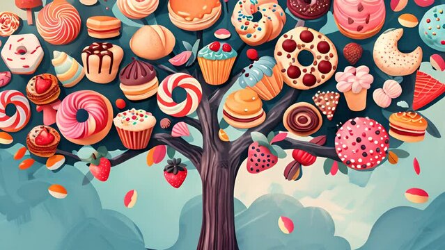 A tree made of various types of pastries and desserts. The tree is full of different types of pastries and desserts, including donuts, cupcakes, and cakes. The image has a whimsical and playful mood