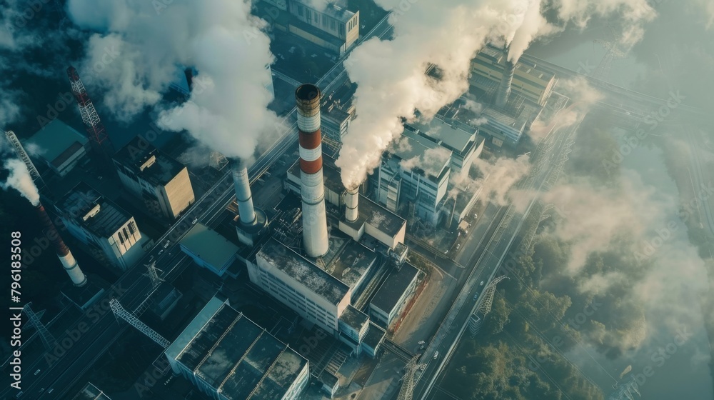 Poster A power plant emitting steam and pollutants into the air, contributing to atmospheric degradation