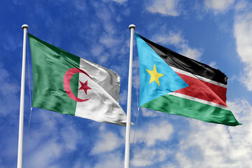 3d illustration. Algeria and South Sudan Flag waving in sky. High detailed waving flag. 3D render. Waving in sky. Flags fluttered in the cloudy sky.