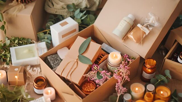A box of gifts with candles and other items. Scene is warm and inviting